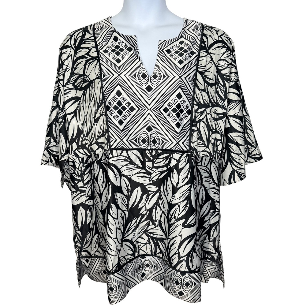 Lane Bryant Blouse Kimino 26/28 Black White Geometric Leaf Print Boho Office - Picture 1 of 7